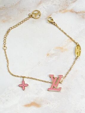 Premium 18K Gold Titanium Initial Charm Bracelet Pink Enamel Floral Motif